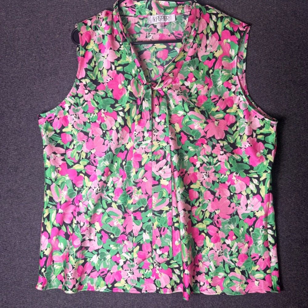 Kasper Womens XL Floral Tie Neck Sleeveless Blouse Pink floral resort office